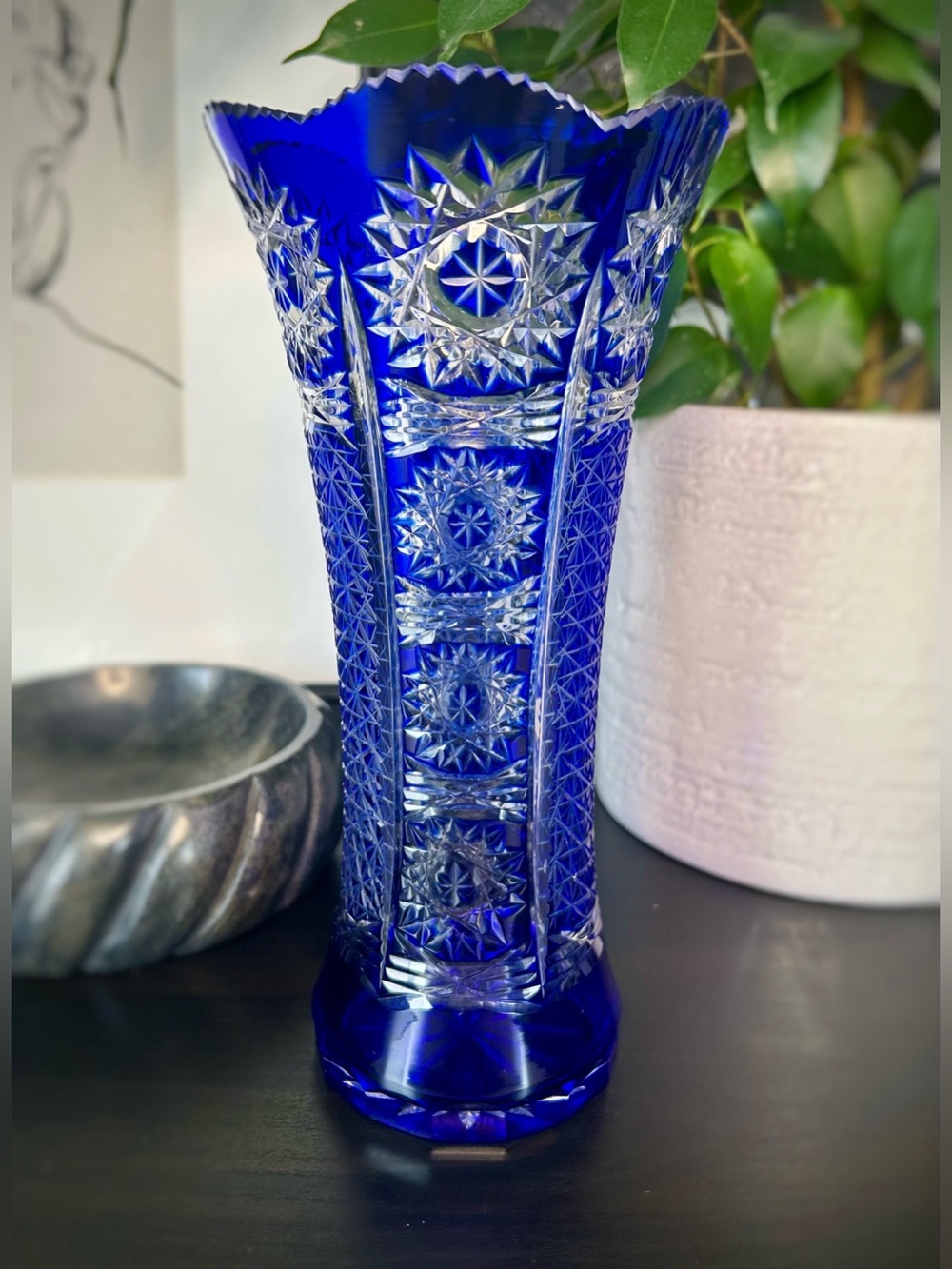 Bohemian Cobalt Blue Cut Crystal Trumpet Vase | Hand-Cut Czech Glass Mid-Century
